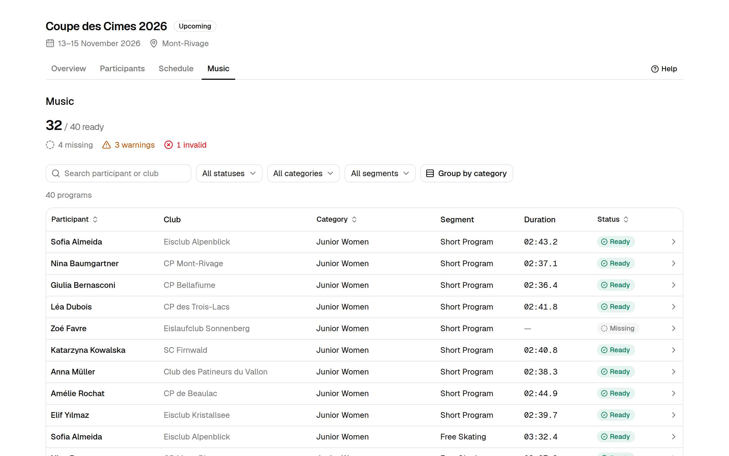 The music dashboard: a readiness summary of 32 of 40 ready, a toolbar with search and filters, and a table of programs with participant, club, category, segment, duration and status.