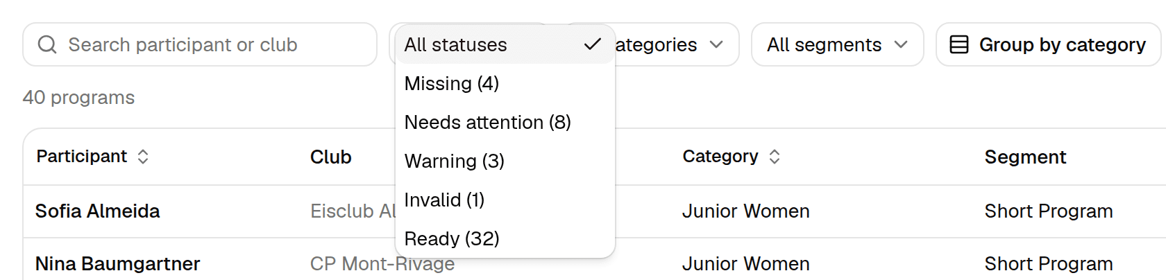 The status filter menu: All statuses, Missing (4), Needs attention (8), Warning (3), Invalid (1), Ready (32).