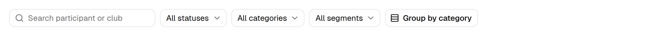 The toolbar: search field, status filter, category filter, segment filter and Group by category button.