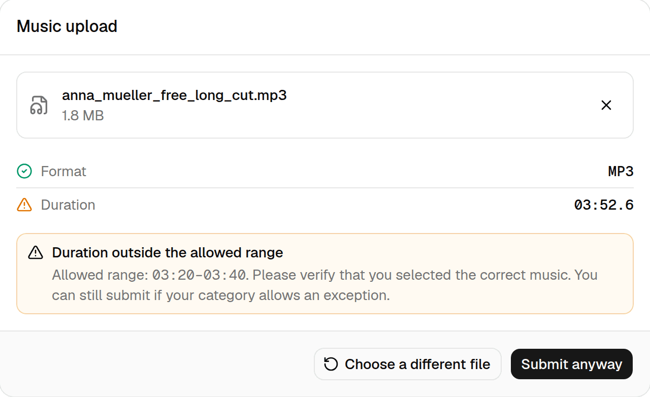 Warning: Duration outside the allowed range. Allowed range 03:20–03:40. The submit button reads Submit anyway.