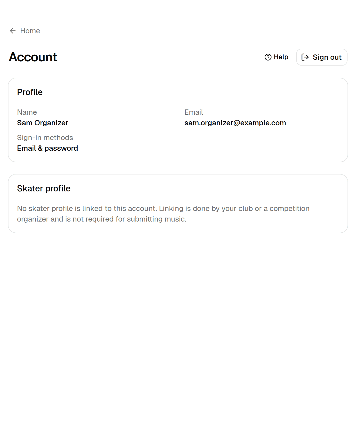 The account page showing the profile card and the skater profile card.