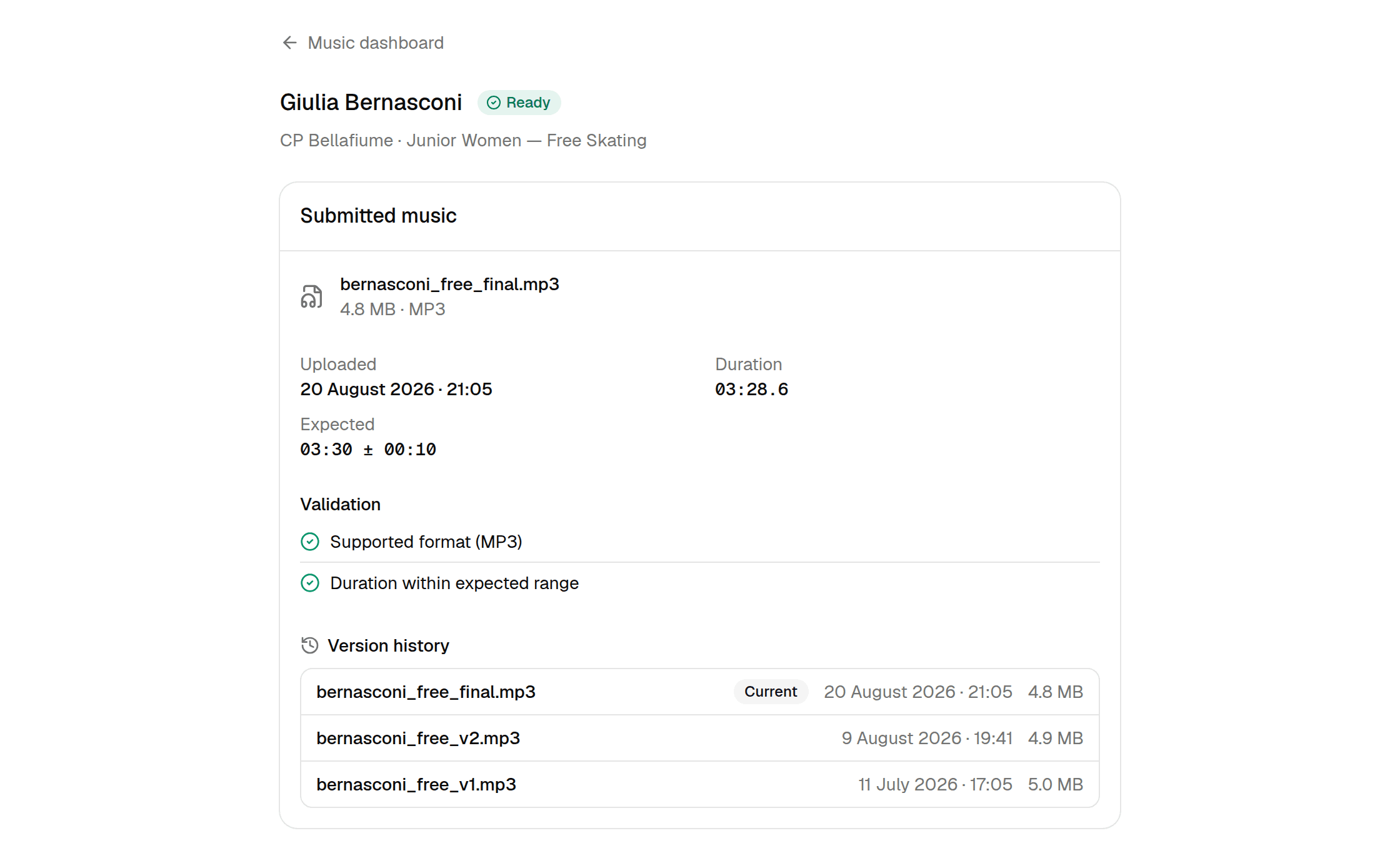 Version history for Giulia Bernasconi, Free Skating: three files, the newest marked Current, each with its upload date and size.