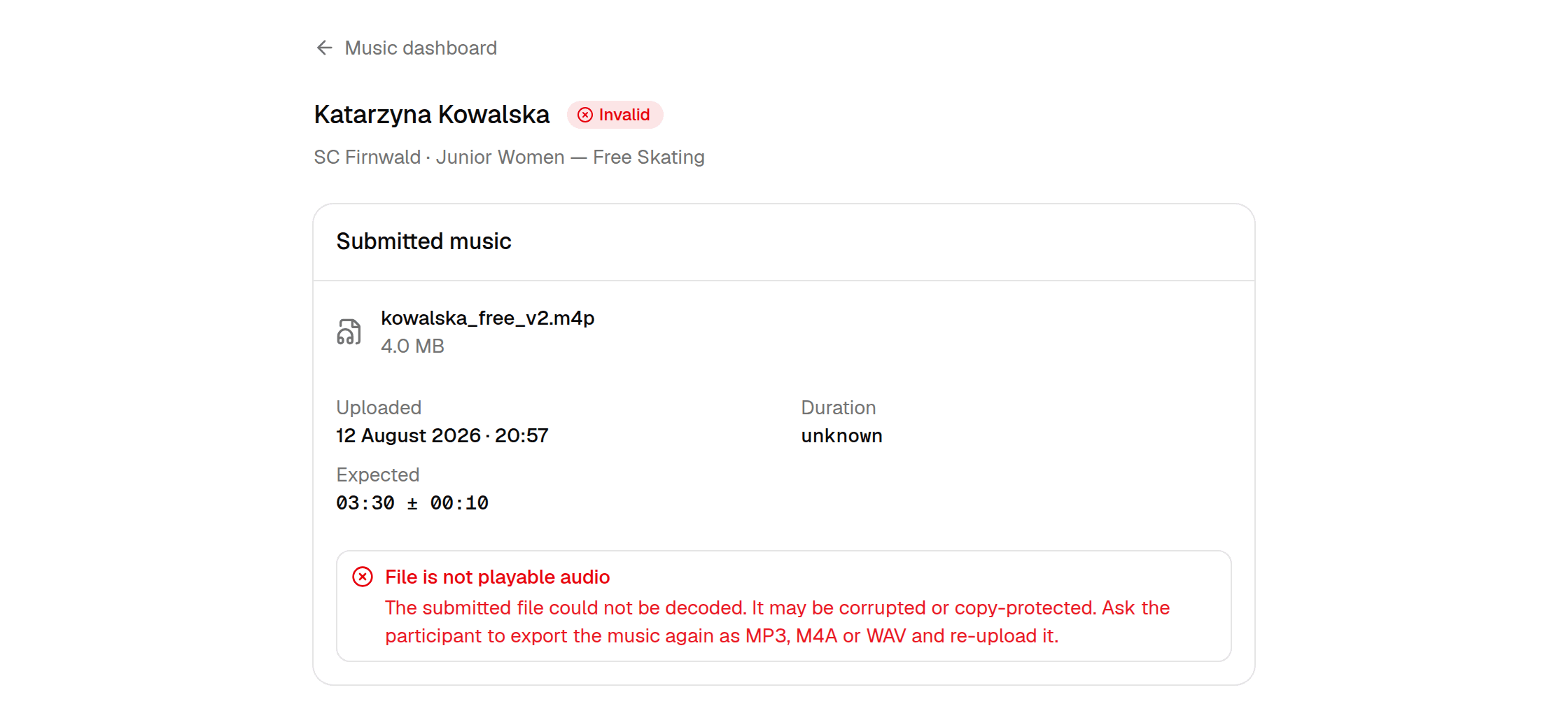 Program details for Katarzyna Kowalska, Free Skating: kowalska_free_v2.m4p, duration unknown, with the error File is not playable audio.