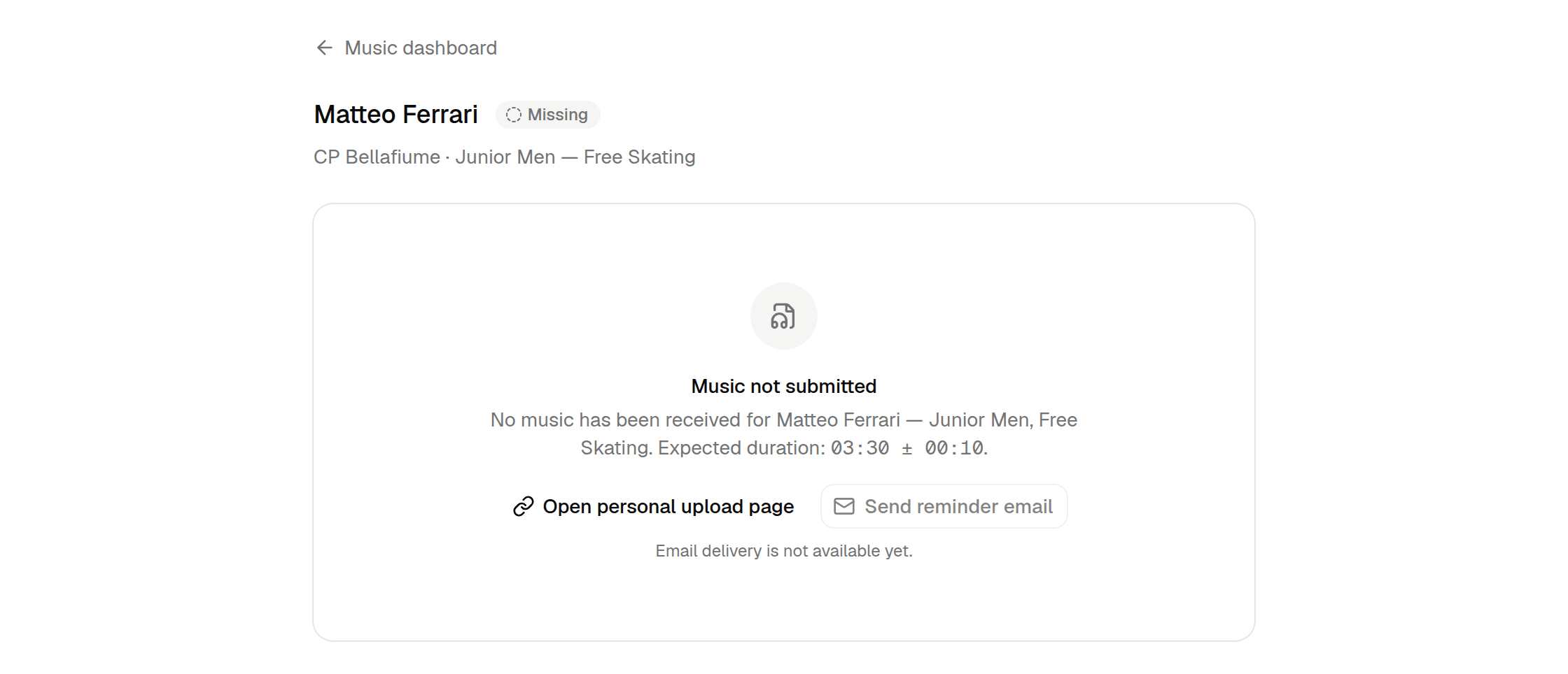 Program details for Matteo Ferrari, Free Skating: Music not submitted, with the expected duration and buttons to open the personal upload page and send a reminder email.