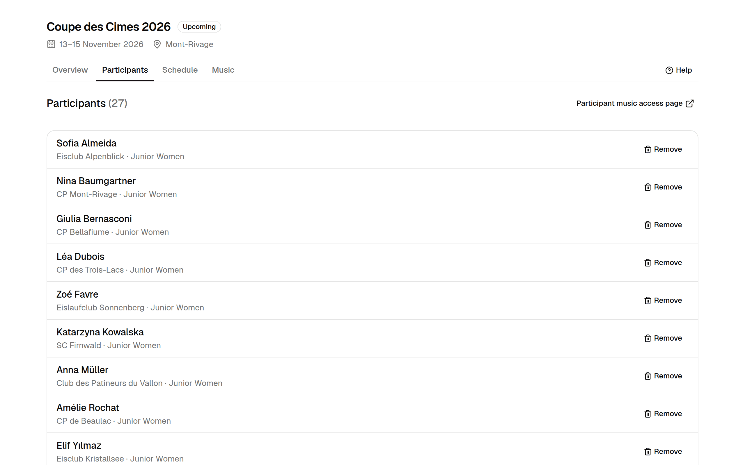 The Participants tab: a count of 27, a button for the participant music access page and a list of skaters with club and category, each with a Remove button.