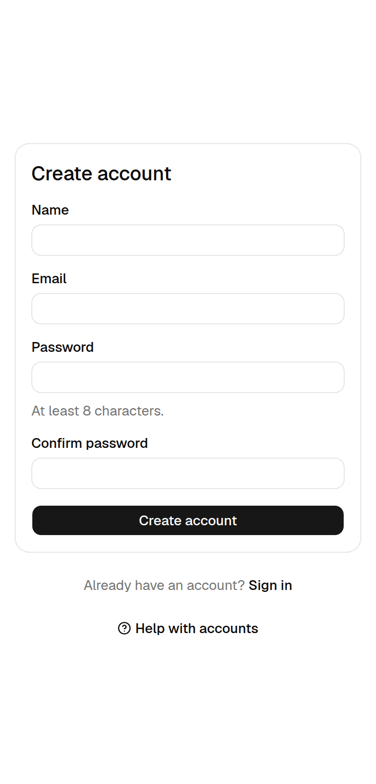 The Create account form with name, email, password and confirm password fields.