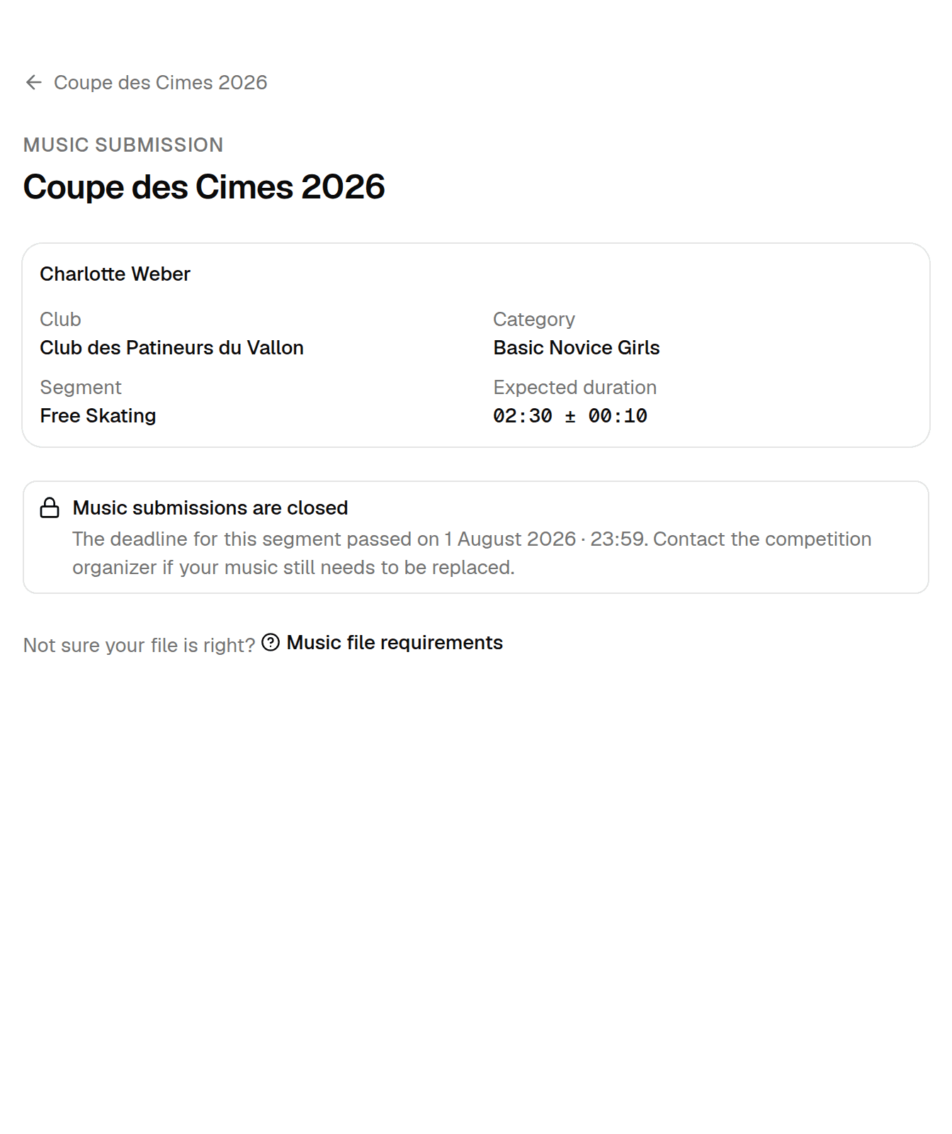 The submission page with a notice: Music submissions are closed — the deadline for this segment passed; contact the competition organizer.
