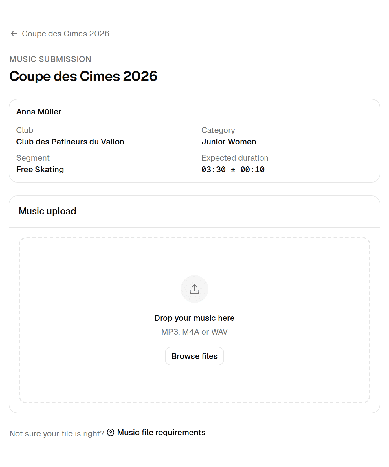 The music submission page showing the skater card with club, category, segment and expected duration, and an empty upload area.