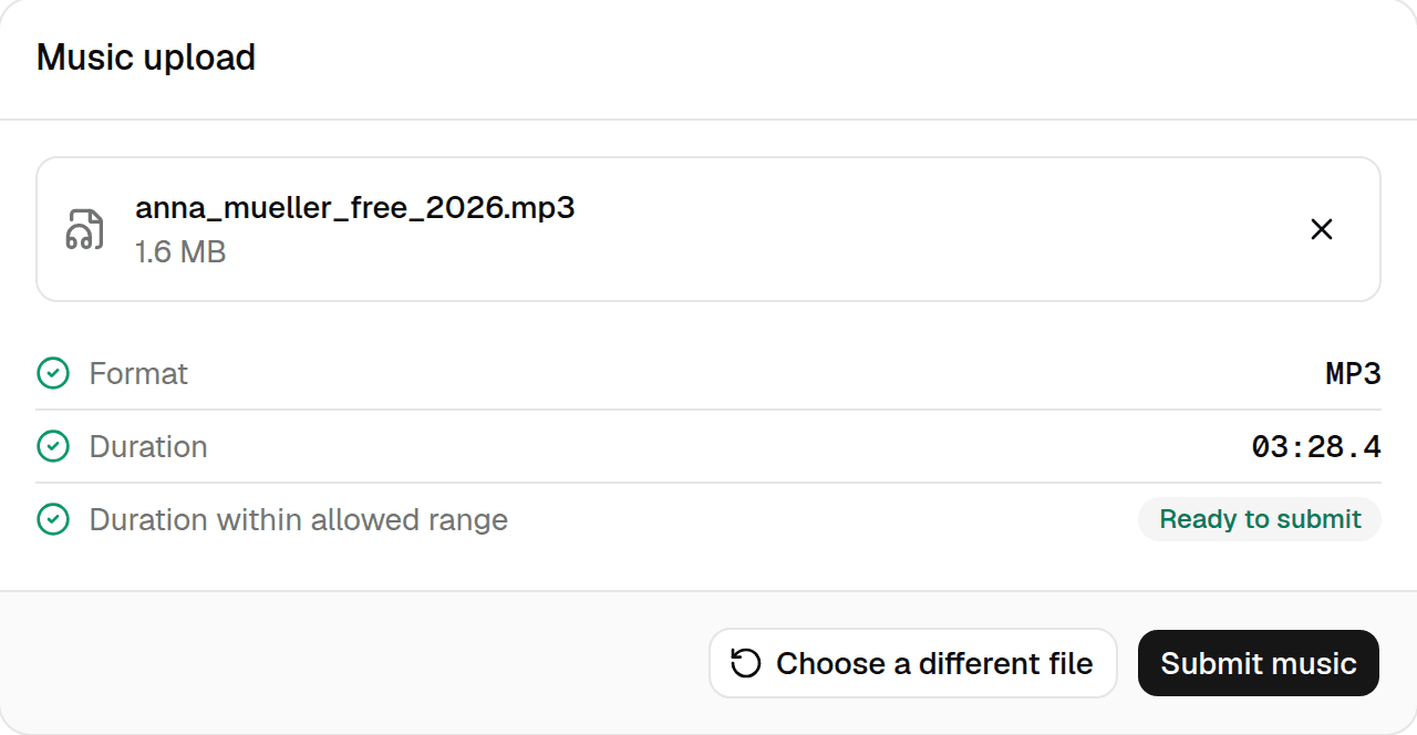 The upload card after analysis: format MP3 and duration 03:28.4 both checked, with a “Ready to submit” badge.