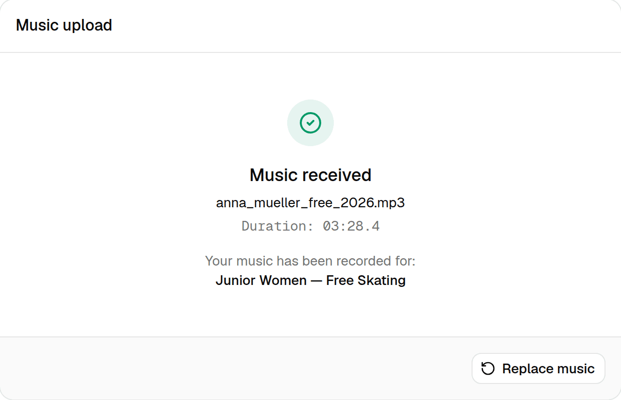 Confirmation card: Music received, with the file name, its duration and the program it was recorded for.